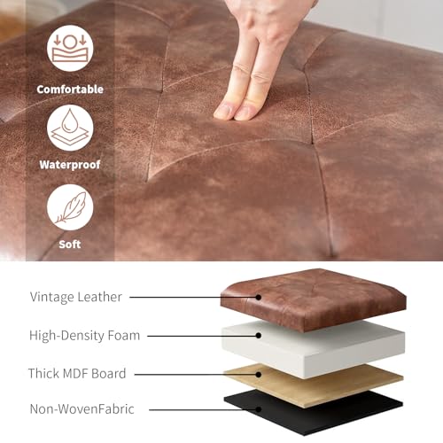 Joveco Leather Storage Ottoman, 24" Rectangle Tufted Square Upholstered Bench, Foot Rest Stool with Wood Legs, Footstool for Living Room Bedroom, Coffee - color: Coffee