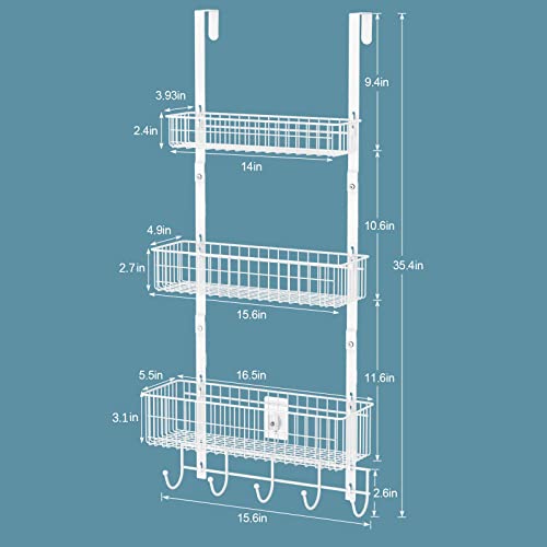 OYEAL Over The Door Organizer White Pantry Door Organizer with Hooks, Heavy Duty 3 Tier Metal Door Back Shelves with 3 Baskets for Kitchen, Bathroom, Office