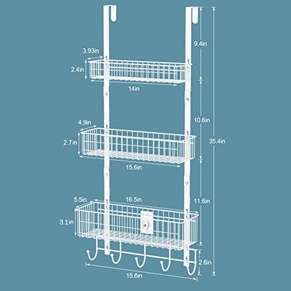 OYEAL Over The Door Organizer White Pantry Door Organizer with Hooks, Heavy Duty 3 Tier Metal Door Back Shelves with 3 Baskets for Kitchen, Bathroom, Office