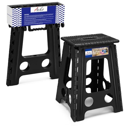 ACKO Folding Step Stool Foldable 17.5 Inch Stools for Adults and Kids,Plastic Stools Tall 400 lbs Capacity, Collapsible Stool for Kitchen, Stepping Foot Stool with Handle, Dot Black,1 PC - color: Dot Black, size: 17.5 Inch