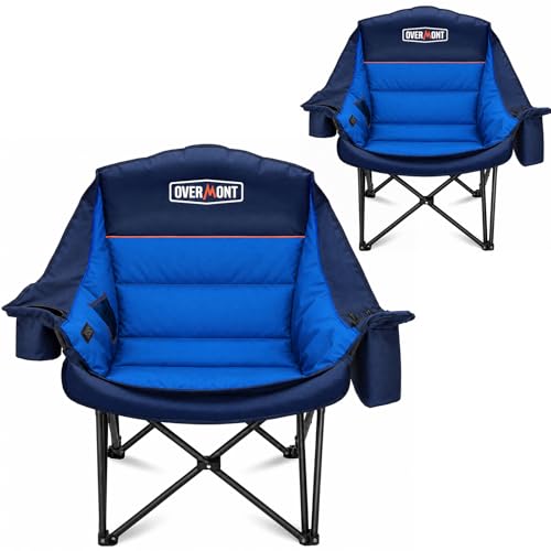 Overmont Gentle Heated Oversized Camping Chair for Adults - 3 Levels Seat & Back Separately Control - 500lbs Support Heavy Duty Padded Folding Chair Outdoor Garden Portable - Battery NOT Included - color: Blue Twin N