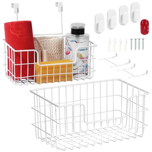 JUNCHU CHERRY Wire Storage Basket 2 Packs, Wall Mounted Kitchen Bathroom, Hanging Cabinet Door Storage Basket, no Drilling, Supporting 2 Types of Hooks, Strong Bearing, Suitable for Home, White - color: 2 White