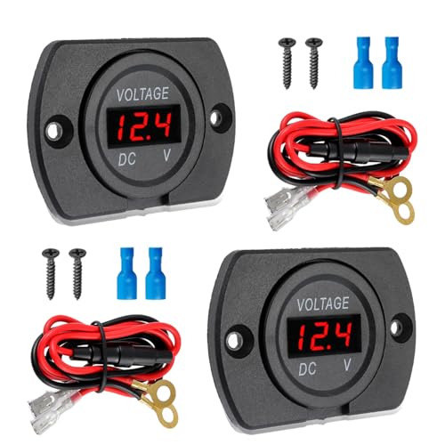 2 Pack DC 12V 24V Waterproof Car Voltmeter with Red LED Digital Display Panel and Mounting Plate Round Voltage Gauge Meter with Terminal for Boat Marine Motorcycle Truck(Red Light) - color: Red