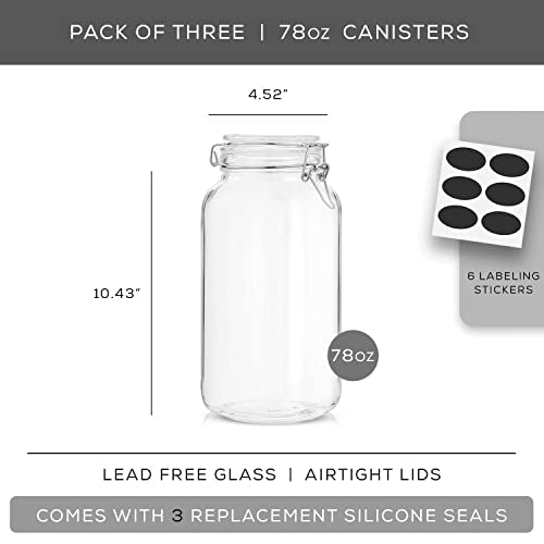 JoyJolt Airtight Glass Jars with Lids Set of 3. 78oz Glass Jar with Lid and 6 Silicone Seals! Large Glass Food Storage Containers. Square Mason Jar, Candy Jar, Flour Jar, Pasta Containers for Pantry