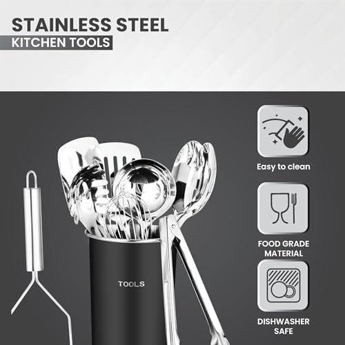 Avador® Premium Set of 10 Stainless Steel (BLACK HOLDER) Kitchen Tool Set with Holder Easy To Clean, Space Saving, Great for Cooking, Baking, Prepping (BLACK) - color: Black