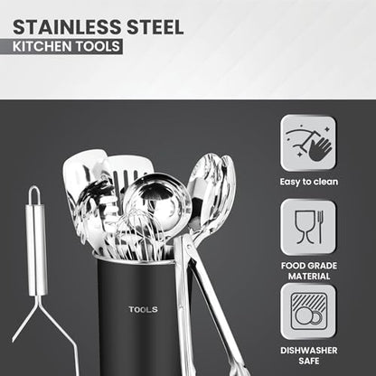 Avador® Premium Set of 10 Stainless Steel (BLACK HOLDER) Kitchen Tool Set with Holder Easy To Clean, Space Saving, Great for Cooking, Baking, Prepping (BLACK) - color: Black