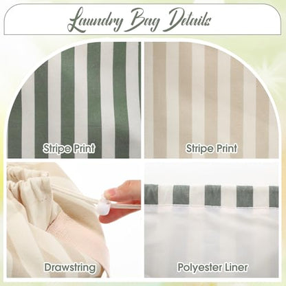 SATINIOR 2 Pcs Stripe College Laundry Bag Green Beige Canvas Travel Laundry Bags with Drawstring Shoulder Straps 29" x 18" Washable Dirty Clothes Hamper Organizer for Dorm Laundromat Apartment Camping - style: Stripe