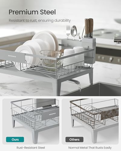 SONGMICS Dish Drying Rack, Kitchen Dish Rack with Drainboard, 360° Rotatable and Extendable Spout, with Cutlery Holder, 12.2 x 16.5 x 7.3 Inches, Dove Gray UKCS550G01 - color: Dove Gray, style: with Drainboard