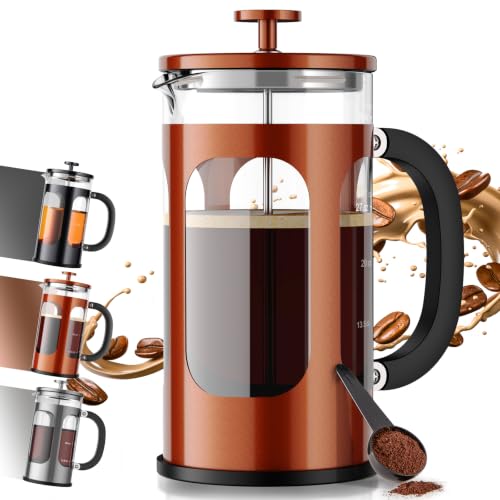 Veken French Press Coffee Maker 34oz 1 L, No Plastic Touching Cafe, Heat Resistant Thickened Borosilicate Glass, Stainless Steel Brewer, Cold Brew Cafetera Teapot for Kitchen Travel Camping, Copper - color: Copper, size: 34oz