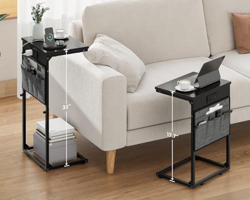 Vagusicc C Shaped End Table with Charging Station, Tall C Table End Table Adjustable Height Side Table for Couch, Small Couch Table Slide Under Sofa Table TV Tray Table for Living Room, Bedroom, Black - color: 1pc Black