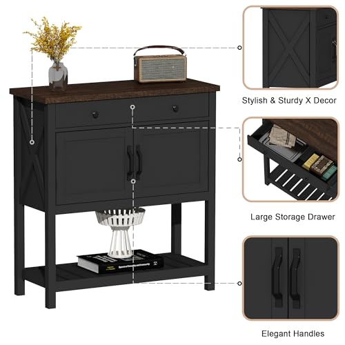 ChooChoo Farmhouse Console Table, Entryway Table with Storage Shelf, Coffee Bar Cabinet, Narrow Buffet Sideboard for Kitchen, Hallway, Living Room, Black - color: Black