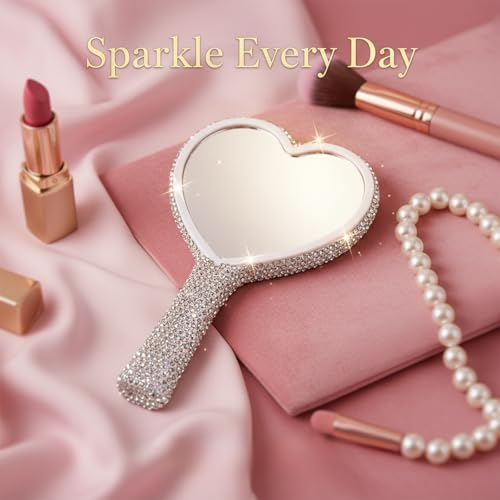 Rhinestone Handheld Mirror, Heart Shaped Hand Mirror Glitter Cosmetic Portable Cute Travel Makeup Lash for Women Wedding Silver White