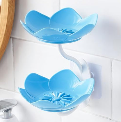 Soap Dish Holder for Shower Bar Double Layer Cute Lotus Shape Adhesive Tray Sink Wall Mounted Shampoo NO-Drilling Self Draining Hanging Saver Rack Plastic Bathroom Bathtub Kitchen，Blue - color: D-blue
