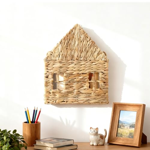 Wicker Magazine Holder Wall Basket Hanging Wall Mount Mail Rack Holder Storage Water Hyacinth House Shaped Woven Hanging Basket for Books & Files with Handle Home Office, 13.8 x 11 Inch