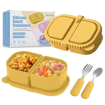 Silicone Snack Containers for Kids (8.5Oz, 2-Compartment)+ Kids Silicone Cutlery Set (Spoon and Fork) - BPA Free, Leak Proof, Great for Toddler/Kid/Adult Meal Prep Containers (yellow) - color: Yellow