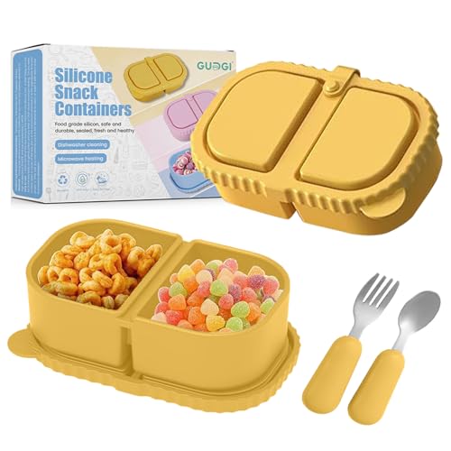 Silicone Snack Containers for Kids (8.5Oz, 2-Compartment)+ Kids Silicone Cutlery Set (Spoon and Fork) - BPA Free, Leak Proof, Great for Toddler/Kid/Adult Meal Prep Containers (yellow) - color: Yellow