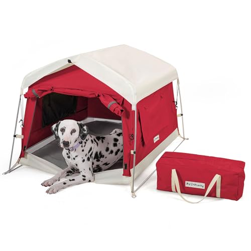 Dog Tent Cotton Fabric, Aluminum Poles and Camping Mat, Outdoor Weatherproof, Dog House Outdoor, Breathable with 2 Side Windows, Portable and Collapsible (Red, Large) - color: Red, size: Large, 39.4''L x 31.5''W x 26.4''H