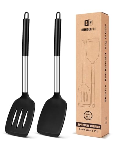 Pack of 2 Silicone Solid Turner, Non Stick Slotted Kitchen Spatulas, High Heat Resistant BPA Free Cooking Utensils, Ideal Cookware for Fish, Eggs, Pancakes(Black) - color: Black