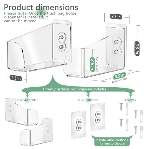 Acrylic Trash & Garbage Bag Holder Dispenser Wall Mounted, Easy Access Trash & Garbage Bags Roll Storage Organizer Container for Cabinet Door, Under Sink, Wall, Bathroom (Medium)