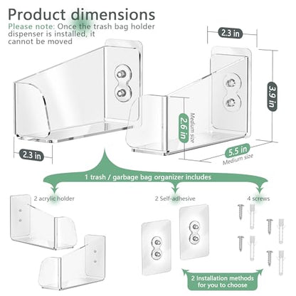 Acrylic Trash & Garbage Bag Holder Dispenser Wall Mounted, Easy Access Trash & Garbage Bags Roll Storage Organizer Container for Cabinet Door, Under Sink, Wall, Bathroom (Medium)