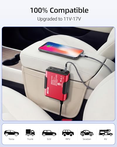 BESTEK 150W Car Power Inverter 11V-17V for Tesla Truck RV, 30W USB C PD 18W USB A Charger, 12V DC to 110V AC Converter with Detachable Cigarette Lighter Cable, 10-Layer Protection, ETL Certified, Red - color: Red