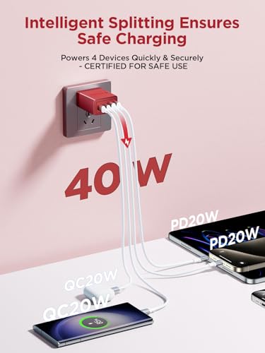 [3-Pack] USB Charger Fast Charging Block 40W Type C Charging Blocks 4-Port PD Power Adapter + QC Wall Plug Multiport USB C Charger Block for iPhone 17 16 15 14 13 12 11 Pro Max XR XS 8 - color: Red 3Pack