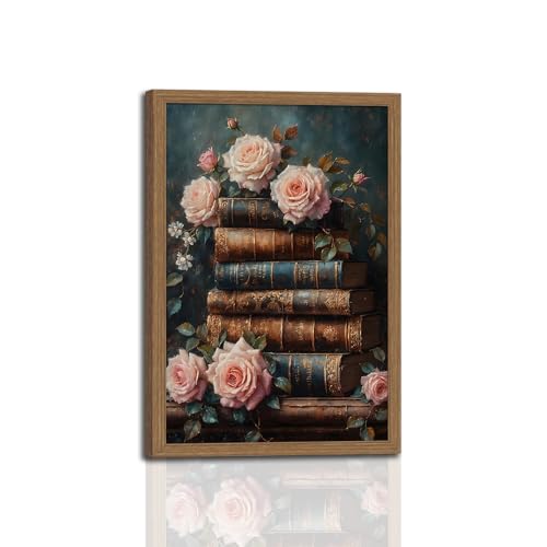 Vintage Framed Wall Art Roses and Books Canvas Prints, Dark Academia Wildflowers Oil Painting, Botanical Book Pictures Artwork for Living Room Bedroom Study Dark Wooden Frame 12x16in - color: Roses and Books, size: 12x16 Inches
