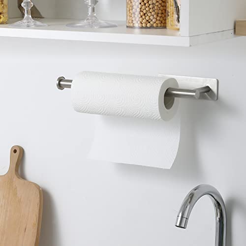 theaoo Under Cabinet Paper Towel Holder for Kitchen, Adhesive Paper Towel Roll Rack for Bathroom Towel, SUS304 Stainless Steel Wall Mount, Both Available for Adhesive and Screws - color: Silver