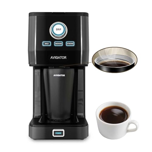 Single Serve Coffee Maker with 11oz. Travel Coffee Mug Stainless Steel, Brew Strenth Adjustable, Permanent Filter, Black