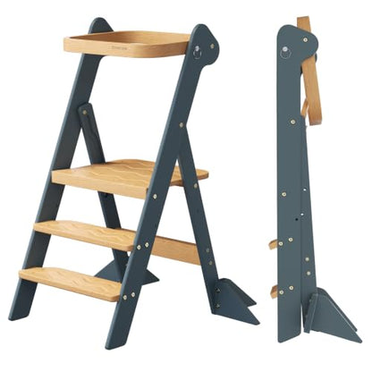 COSYLAND Foldi Foldable Toddler Kitchen Stool - Adjustable Height Toddler Standing Tower with Net & Safety Feet, IF Award-Winning Wooden Learning Step Tower for 18M-6Y, Slate Blue & Natural - color: Slate Blue & Natural