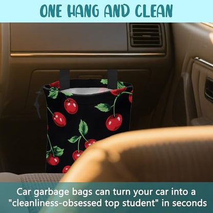 Car Garbage Bag Bright Red Cherries Hanging Canvas Car Trash Bag Drawstring Car Back Seat Organizer for Car Back Front Seat Console with Adjustable Buckle - color: Bright Red Cherries