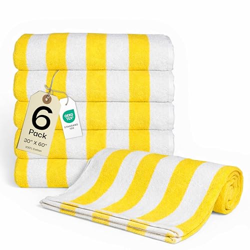 Salt Earth Cotton Striped Beach Cabana Towel, 6 Pack - 30"x60" Quick Dry Towels, Pool Essentials, Travel, Gym & Bathroom Towels, Oversized Beach Vacation Essentials, Lemon Yellow - color: Lemon Yellow-1, size: Pack of 6