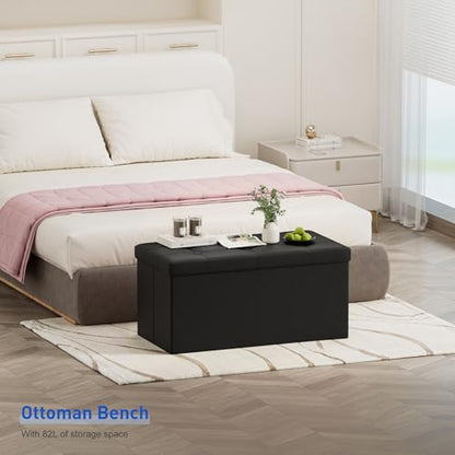 BRIAN & DANY 30 Inches Storage Ottoman Bench, Faux Leather Ottoman with Storage, Folding Bench Shoe, Foot Rest Stool, for Living Room, Black - color: Leather-black