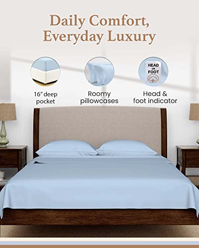 Olympic Queen Sheets Set, 100% Egyptian Cotton, Luxury 600 Thread Count, 4 Pc Super Queen Sheets Sets, Soft & Breathable, Snug Fit,16" Deep Pocket Fitted Sheet, 2 Pillowcases & 1 Flat Sheet,Light Blue - color: Light Blue, size: Olympic Queen (66 x 80)