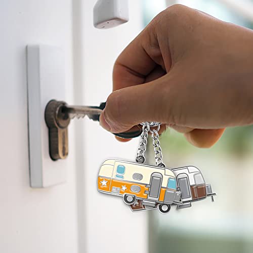 Camper Keychain Happy RV Keyring RV Keychain Couples Keychain Set Gifts for Men Women Camping Accessories 2 Pack - color: Orange&coffee Brown