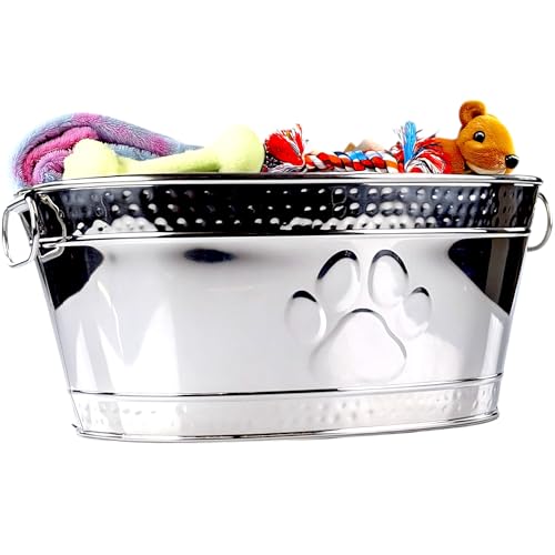 BREKX Metal Indestructible Dog Toy Bin - Steel Dog Toy Basket with Handles, Pet Storage Box, Oval for Blankets, Leashes, & Ropes for Aggressive Chewers - Pawprint Design Home Decor (Silver) - color: Silver