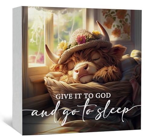 Nursery Highland Cow Wooden Box Sign - Cute Give It to God and Go to Sleep Signs for Home Decor, Funny Farm Animal Office Kitchen Bedroom Decor,Highland Cow Gifts for Women, 5x5 - color: highland cow go to sleep, size: 5x5 in