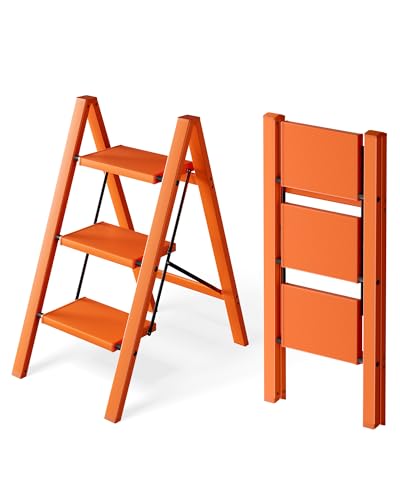 HillhutApex 3 Step Ladder, Lightweight Portable 3 Step Stool with Anti-Slip Wide Pedal, 330lbs Capacity Aluminum Ladder for Household,Office,Kitchen(Orange) - color: Orange, size: 3 Step