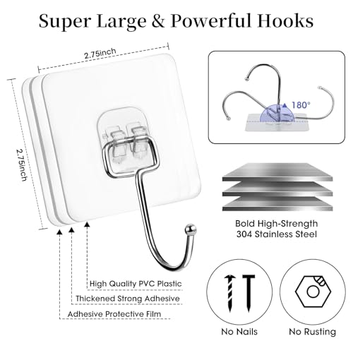 20 PCS Heavy Duty Adhesive Hooks, 33 lb Load - Bearing, Waterproof & Reusable, Ideal for Kitchen, Bathroom, Office & Home Organization - color: Transparent 20PCS