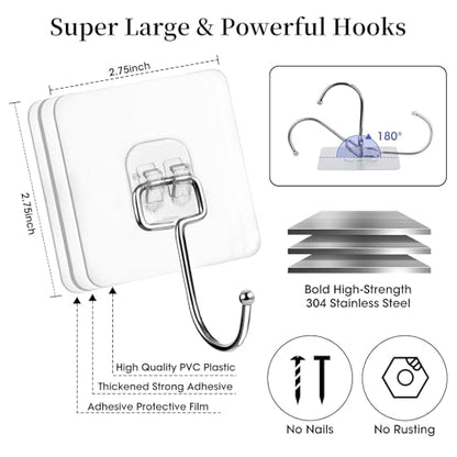 20 PCS Heavy Duty Adhesive Hooks, 33 lb Load - Bearing, Waterproof & Reusable, Ideal for Kitchen, Bathroom, Office & Home Organization - color: Transparent 20PCS