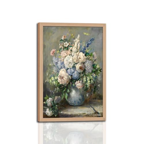 Framed Canvas Print Wall Art French Vintage Flower Spring Botanical Home Decor, Ceramic Vase Floral Oil Painting for Living Room, Bedroom Office Shelf Decoration wooden frame16x24in - color: Spring Bouquet Floral, size: 16x24 Inches