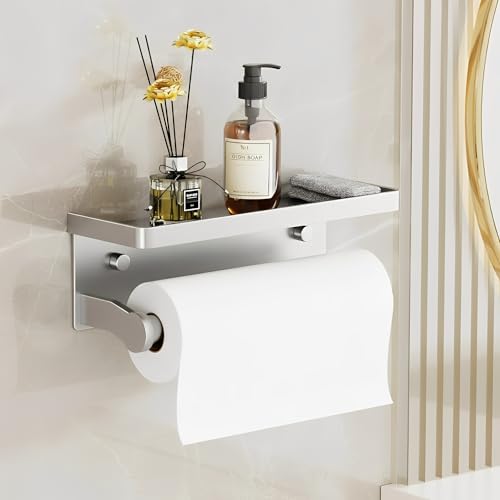 Silver Paper Towel Holder with Shelf, Wall Mount Paper Towel Holder for Bathroom Kitchen, Hand Towel Rack Holder,Paper Roll Holder with Self Adhesive & Screw,RV - color: Silver Pro