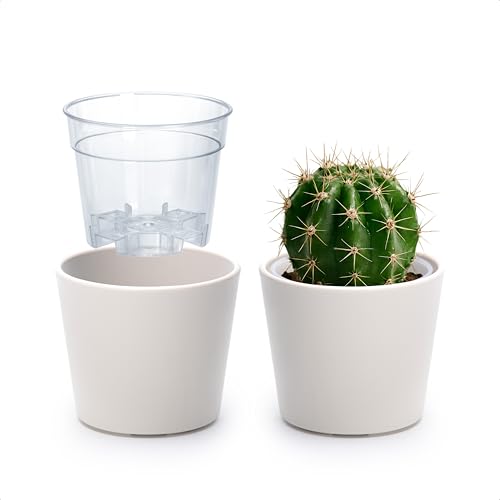 Phoenix Vine 3.5 Inch Oatmeal Plastic Cachepot with Clear Nursery Pot, Decorative Lightweight Planter Cover with Transparent Inner Pot for Indoor Houseplants, Pack of 2, 24-A-G-2 - color: Oatmeal, size: 3.5" (2 Pack)