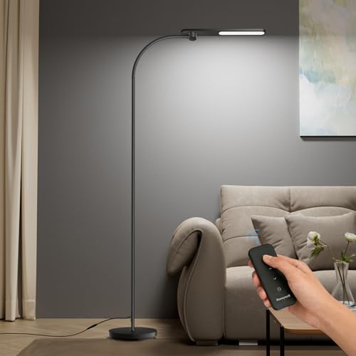 Honeywell LED Floor Lamp for Reading, CRI97 Full Spectrum Gooseneck Floor Lamp with Remote, Eye-Caring Dimmable Standing Task Light, 3 Color Temperatures, 77.5" Tall for Living Room Bedroom Office - color: New Black