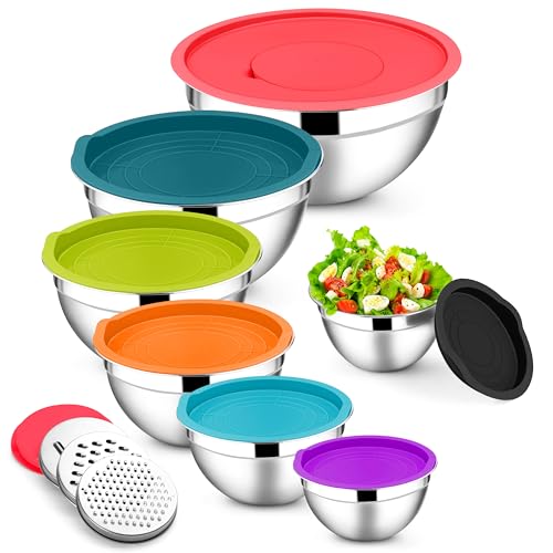 E-far Mixing Bowls with Lids Set, 7-Piece Stainless Steel Mixing Bowls with 3 Grater Attachments, Size 4.6, 3.5, 2.6, 2, 1.5, 1, 0.7QT, Nesting Design & Colorful Airtight Lid, For Baking/Prepping - color: Colorful, size: 7 Regular Sizes