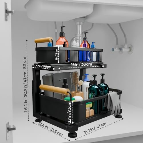Premium Heavy Duty Carbon Steel Under Sink Organizer, Large 2 Tier Pull Out Cabinet Organizer, 7 Adjustable Heights with Smooth Ball Bearing Sliding Baskets for Bathroom & Kitchen
