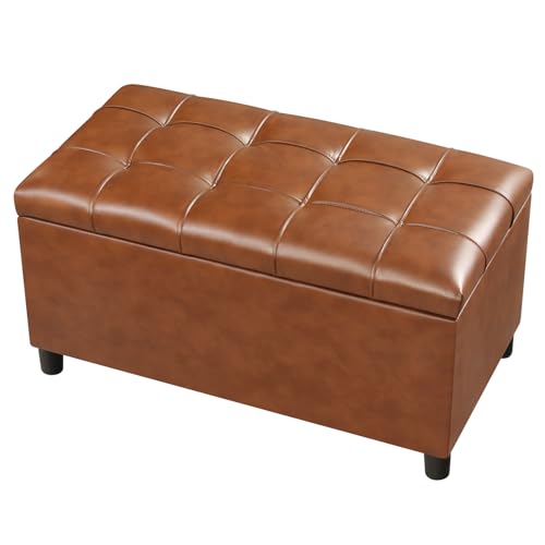 Joveco Storage Ottoman Bench, 32 Inches Faux Leather Rectangle Tufted Foot Stool for End Foot of Bed, Bedroom, Living Room, Creamy Caramel - color: Creamy Caramel