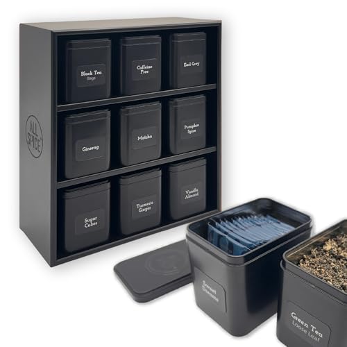 AllSpice Tea Organizer Rack with 9 Tins & 160 Magnetic Labels – Perfect for Bagged & Loose Leaf Tea Organization - Black - color: Black