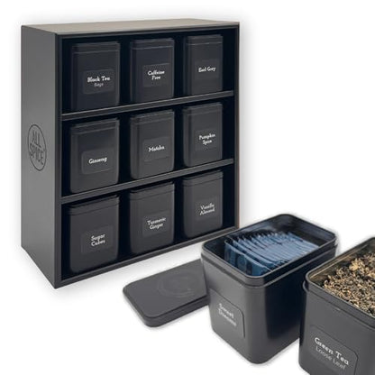 AllSpice Tea Organizer Rack with 9 Tins & 160 Magnetic Labels – Perfect for Bagged & Loose Leaf Tea Organization - Black - color: Black