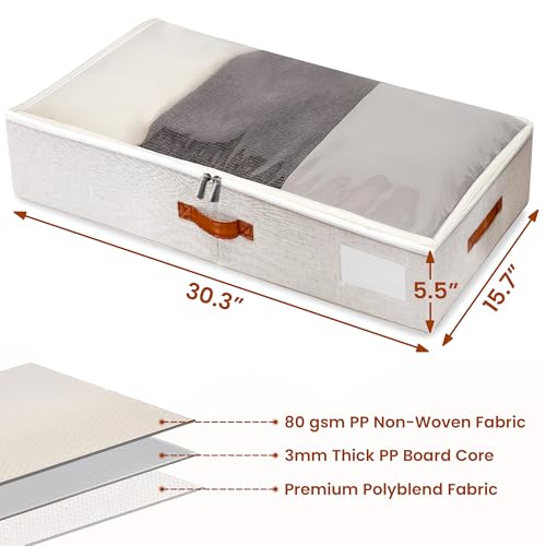 Large Under Bed Storage, 2 Pack Under Bed Storage Containers with Clear Cover, Reinforced Handles and Label Pocket for Dorms, Clothes, Shoes, Blankets, Linens, Only Needs 6" of Clearance